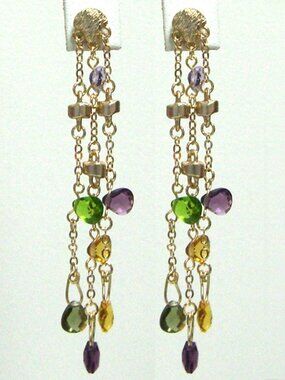 3.5" INCH,  3 STRAND EARRING WITH MULTI COLORED STONES , SET IN SATIN GOL